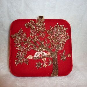 Red Embroidered Velvet Clutch with Gold Tree Design
